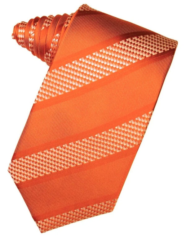 Orange striped necktie with diagonal patterns, shown against a white background (fashion accessory)