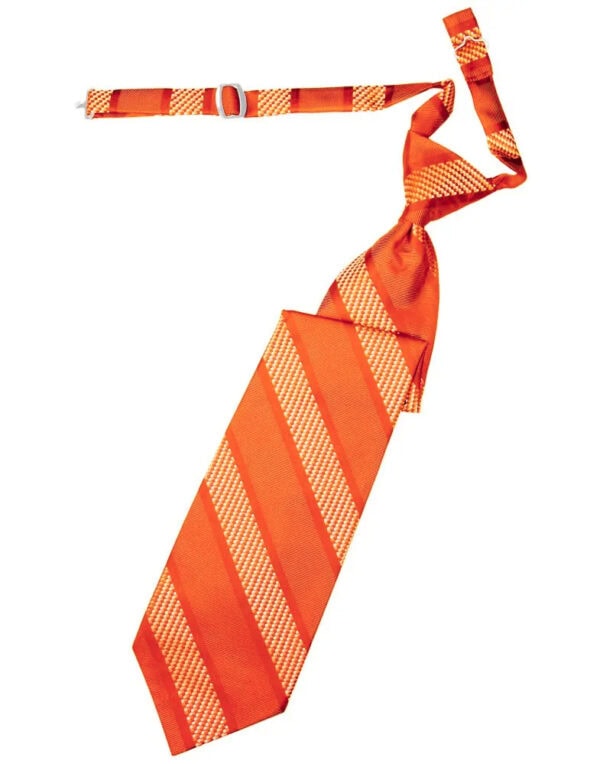 Orange striped necktie with a knot and matching strap on a white background
