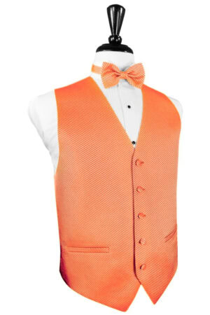 Orange textured vest with matching bow tie over a white dress shirt on a mannequin.