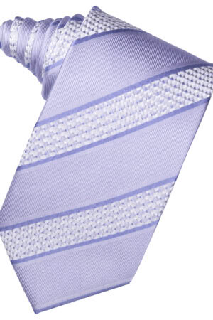 Lavender striped necktie with diagonal and textured bands laid diagonally across a white background
