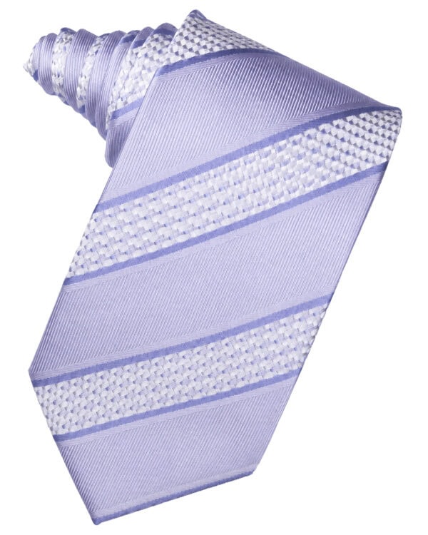 Lavender striped necktie with diagonal and textured bands laid diagonally across a white background