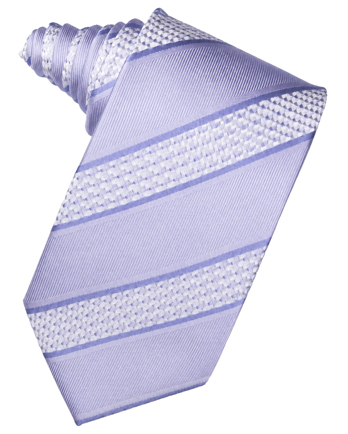 Lavender striped necktie with diagonal and textured bands laid diagonally across a white background