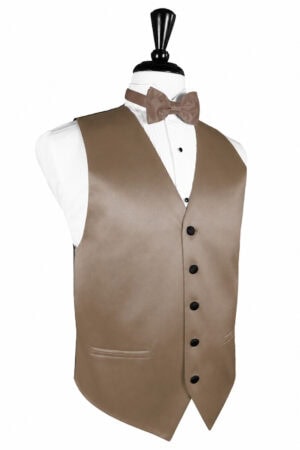 Mannequin torso wearing a light brown formal vest, white shirt, and matching bow tie; front view.