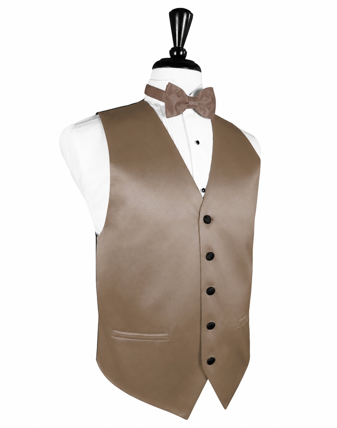 Mannequin torso wearing a light brown formal vest, white shirt, and matching bow tie; front view.