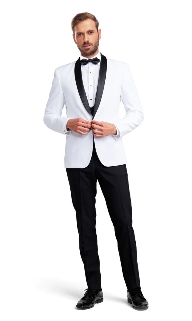 A model poses wearing the White London Shawl tuxedo rental.
