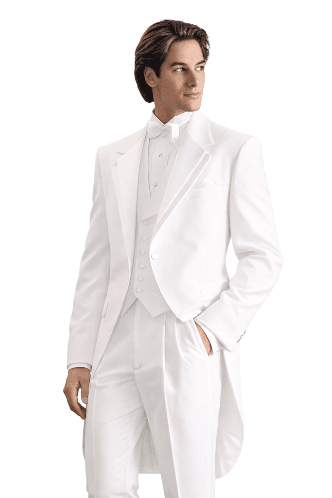 model wearing white tailcoat rental