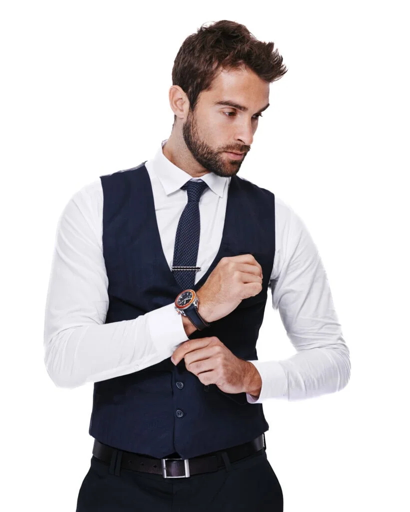 man wearing a coatless tuxedo rental
