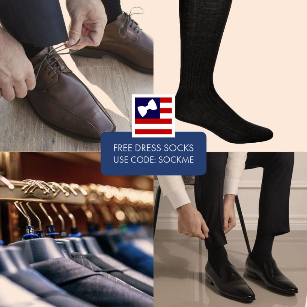 Use code SOCKME at checkout to get free tuxedo sock with your rental