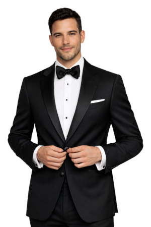 man modeling the black barcelona tuxedo rental