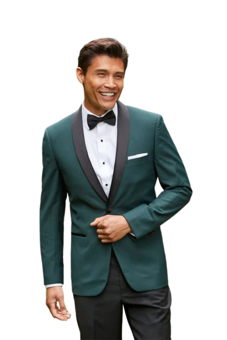 SKU#JA61468 Emerald Green Tuxedo - Hunter Green Tuxedo Velvet Lapel, Velvet Vest with Gold Button and Side Trim on the Pants main image 1