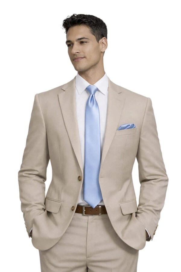 man modeling tan suit rental