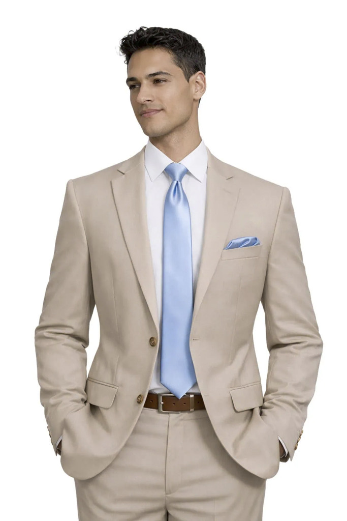 man modeling tan suit rental