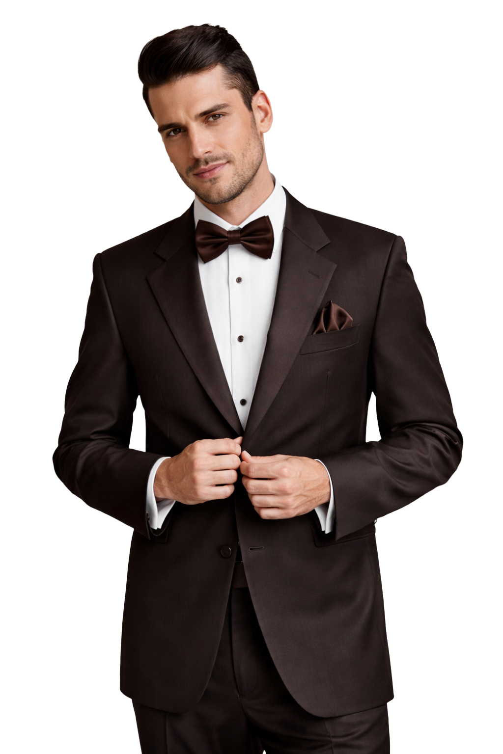man wearing the chocolate brown tuscany tuxedo rental