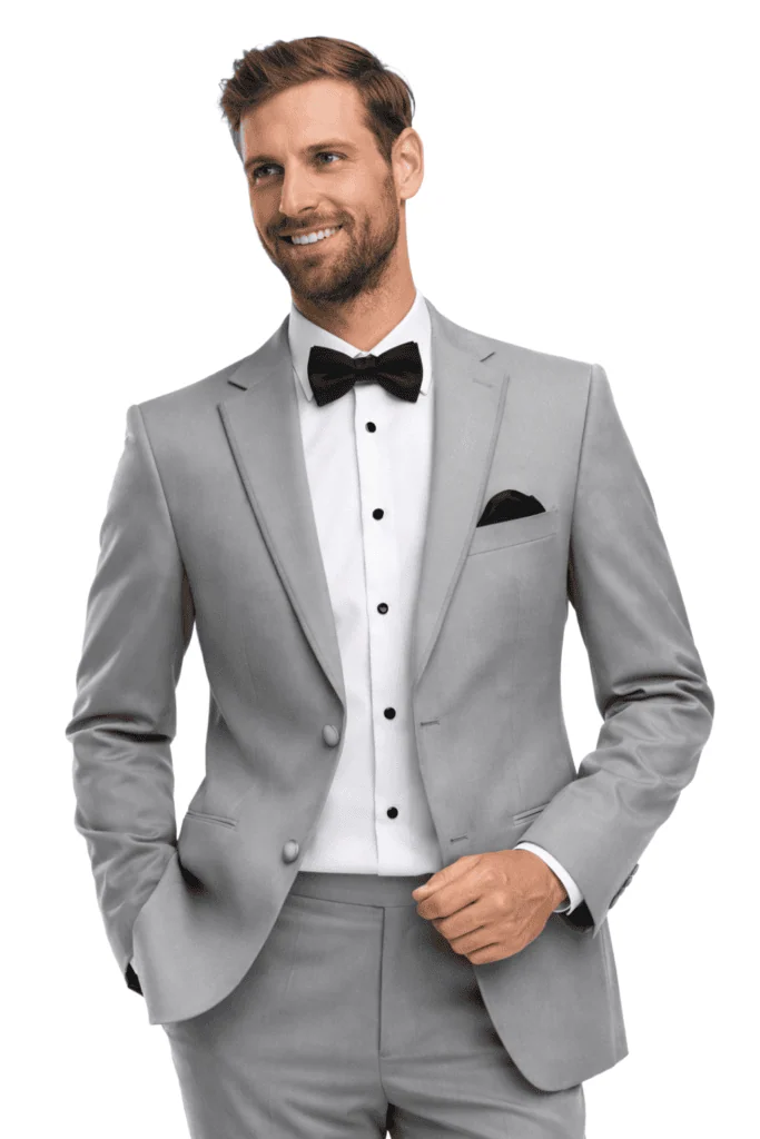 Man wearing heather grey tuxedo rental
