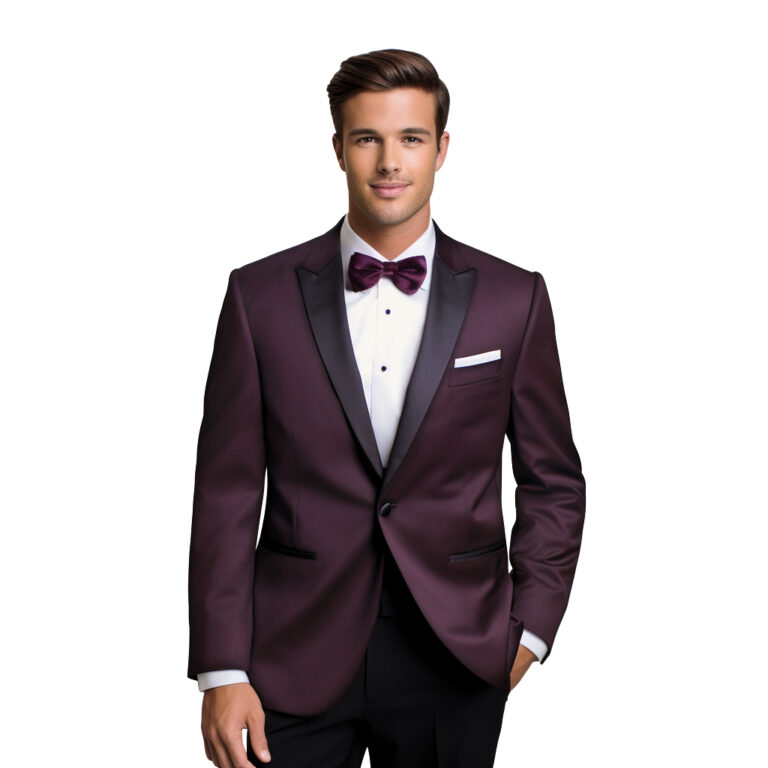 a man wearing the plum venice tuxedo rental