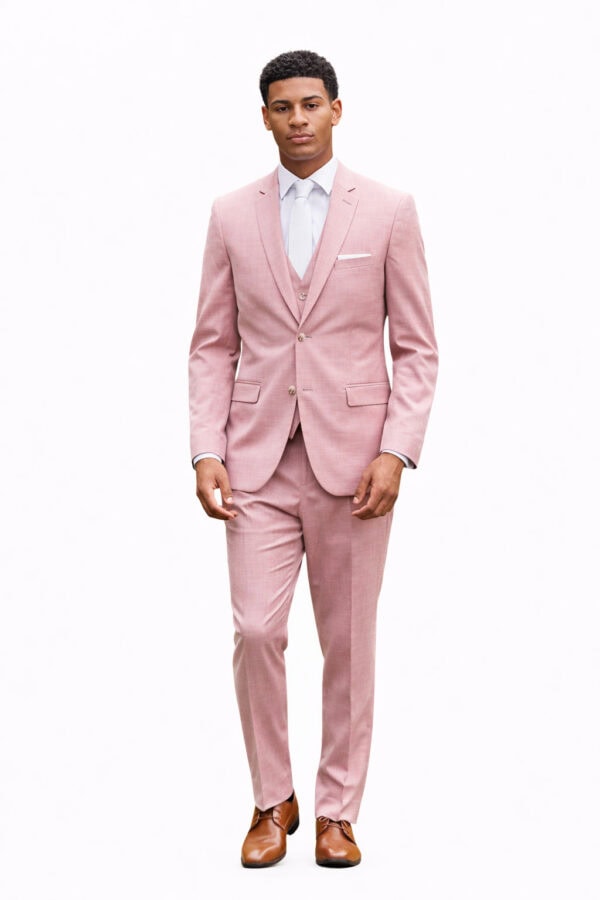 man modeling rose pink suit rental