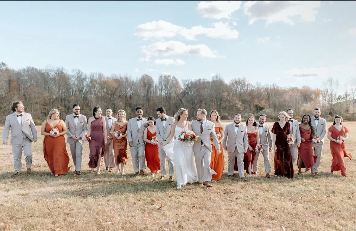 wedding party wearing tan suit rentals
