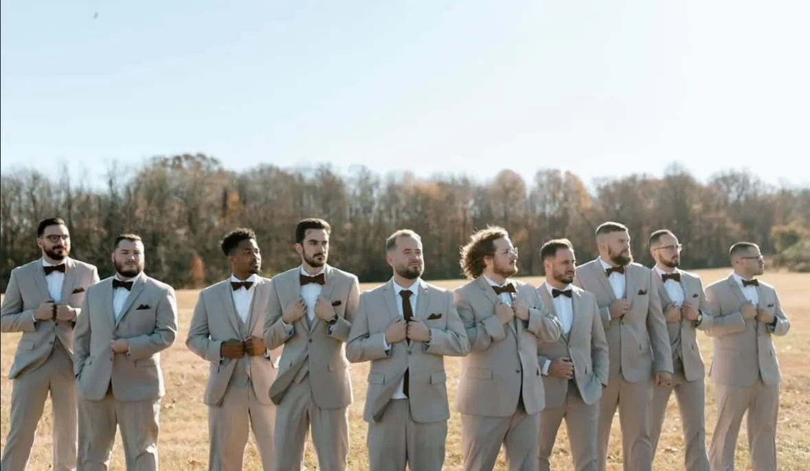 groomsmen in tan suit rentals