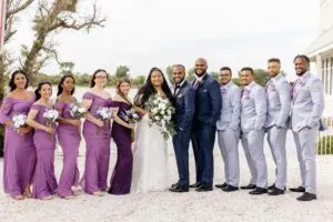 wedding party wearing oxford blue suit rentals