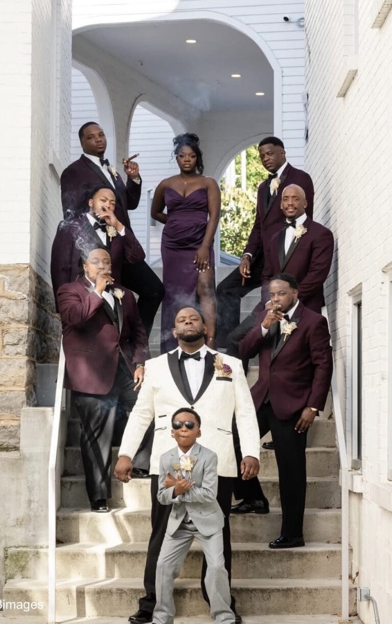 groomsmen in plum tuxedo rentals