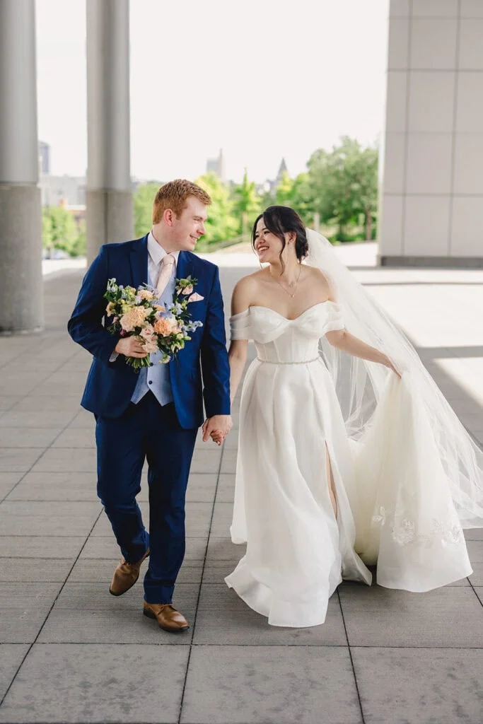 bride and groom walking after ceremony