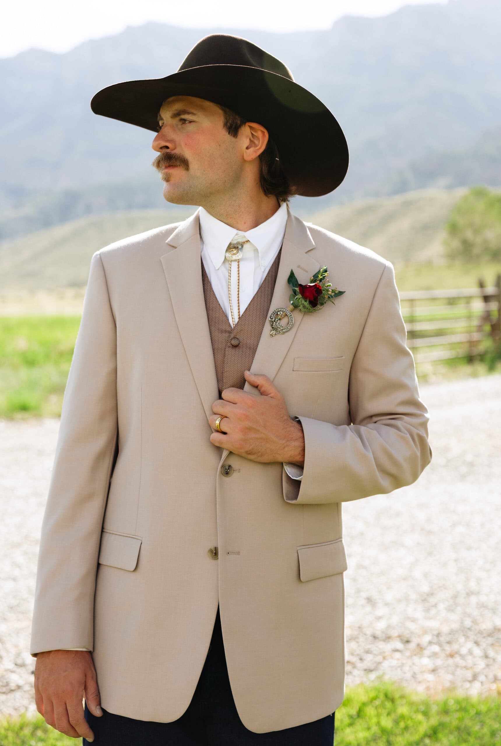 country groom in tan suit rental
