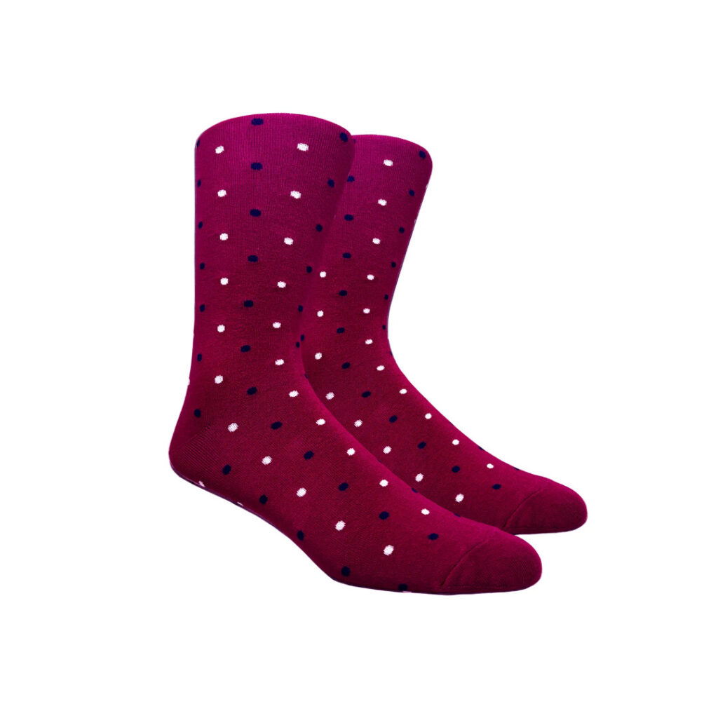 burgundy socks with navy and white polka dots