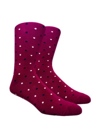burgundy socks with navy and white polka dots
