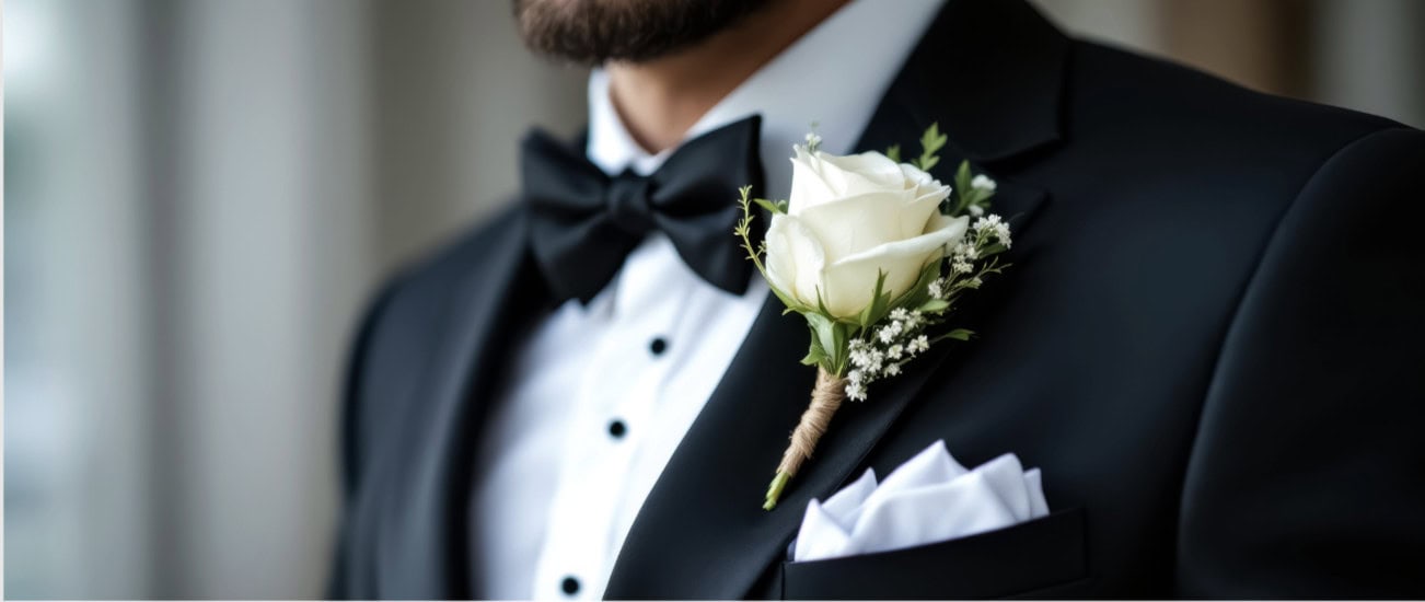 close up of black tuxedo rental