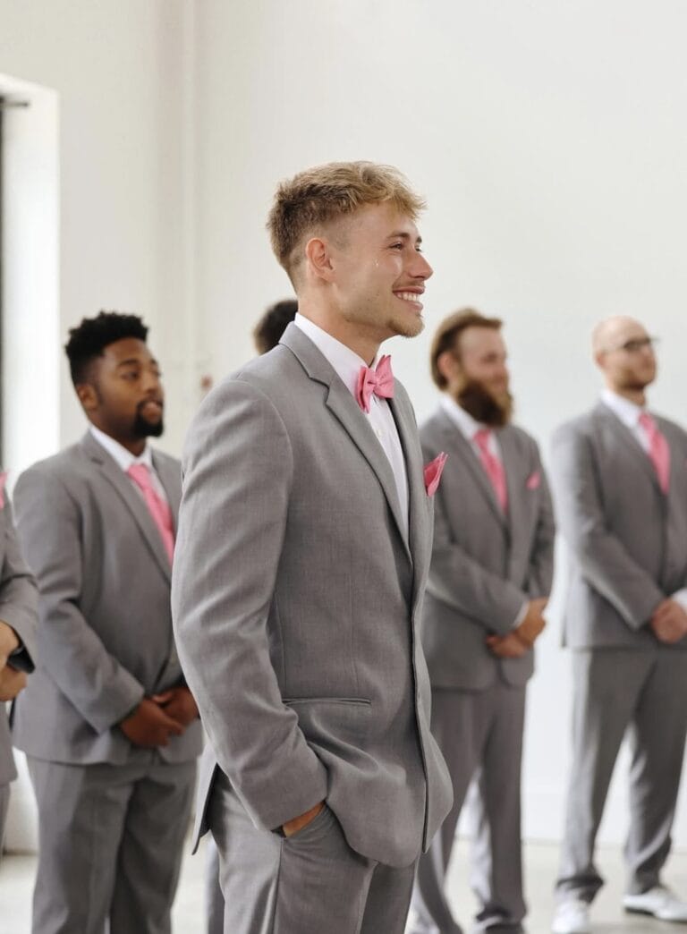 wedding party in grey suits