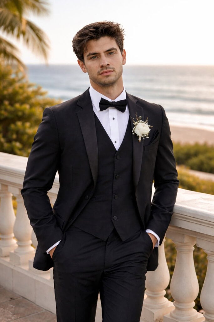 man wearing black tuxedo rental on beach