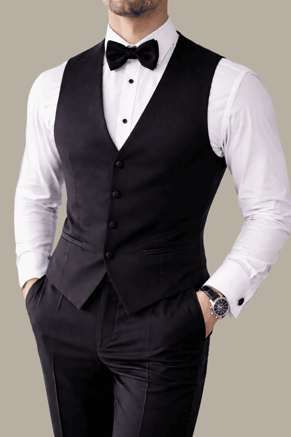 man modeling a balck tuxedo vest