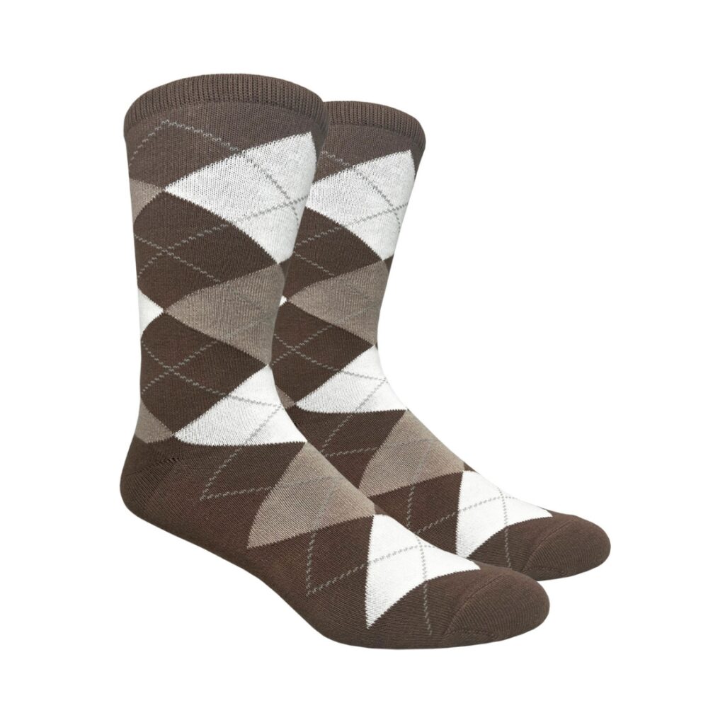 brown argyle dress socks with accents of tan and white