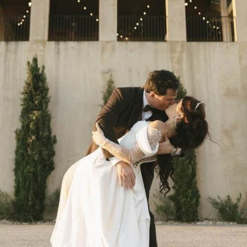 Groom wearing the brown edge tuxedo at wedding