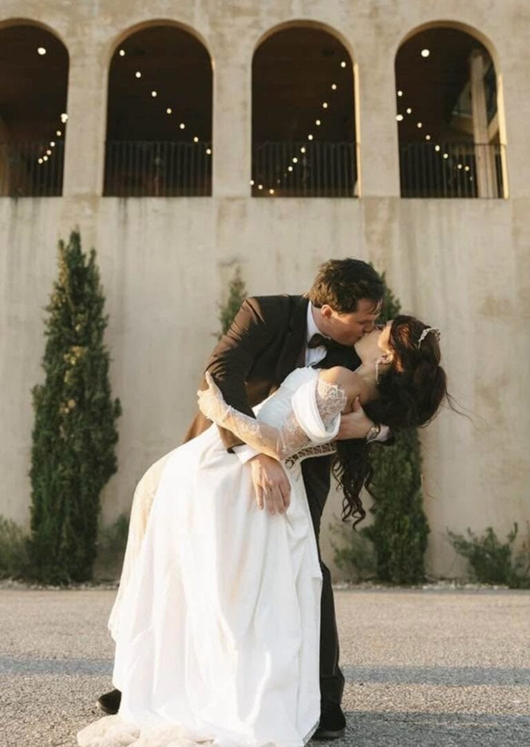 Groom wearing the brown edge tuxedo at wedding