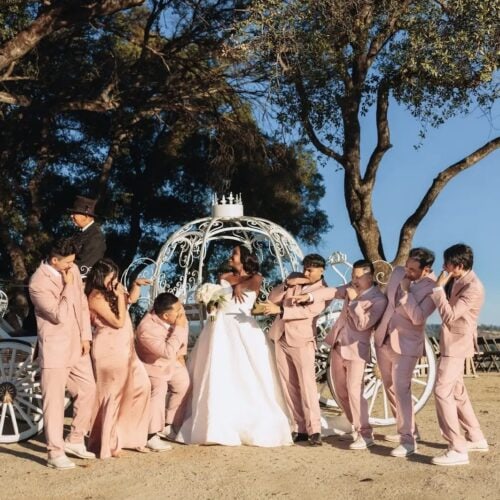 Bride in white gown stands among men in pink suits outdoors, posing with a decorative white carriage timeline behind them under trees.