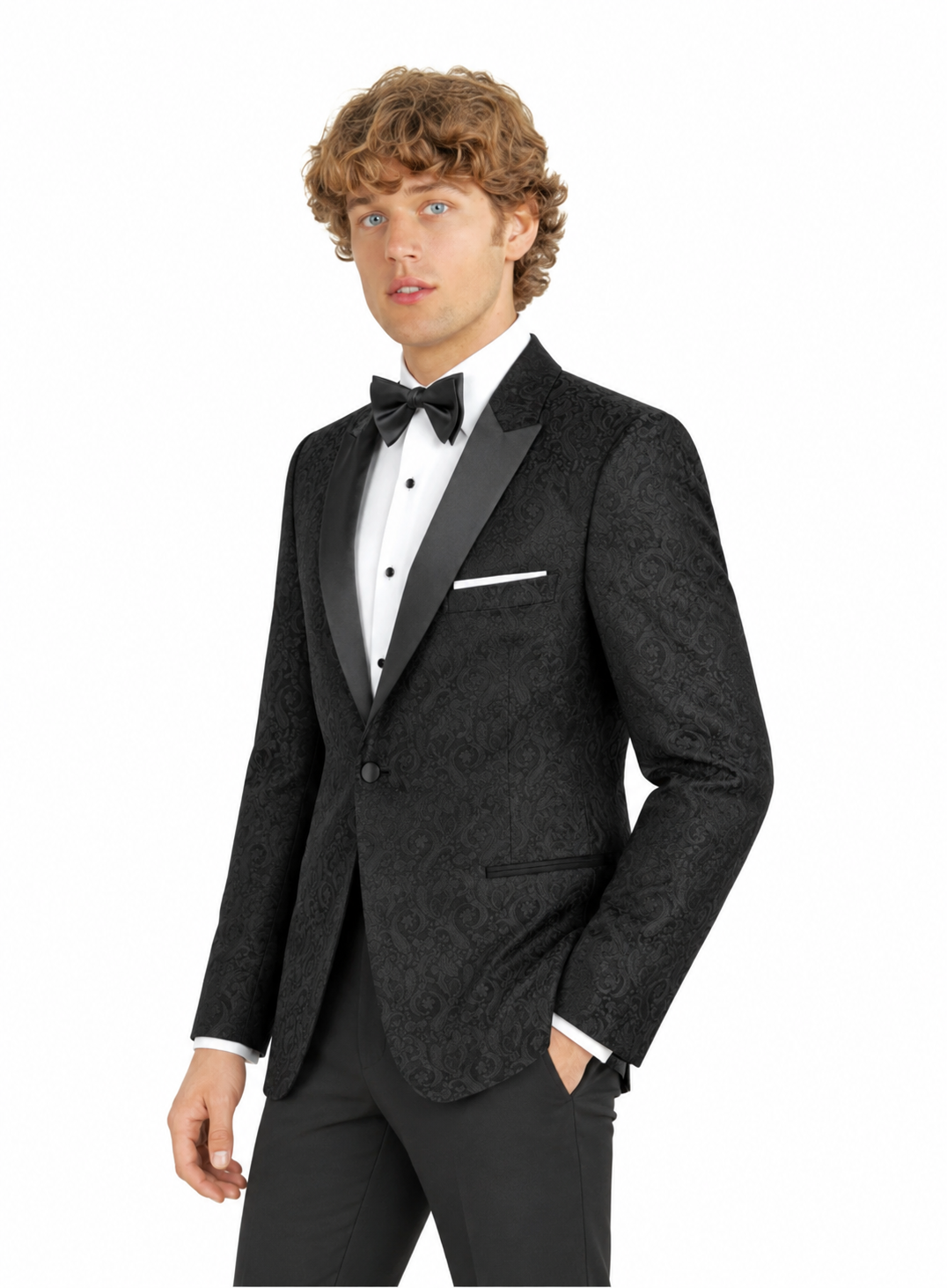 black-paisley-one-button-angle | National Tuxedo Rentals Black Paisley Tuxedo on a model, alternate view 1