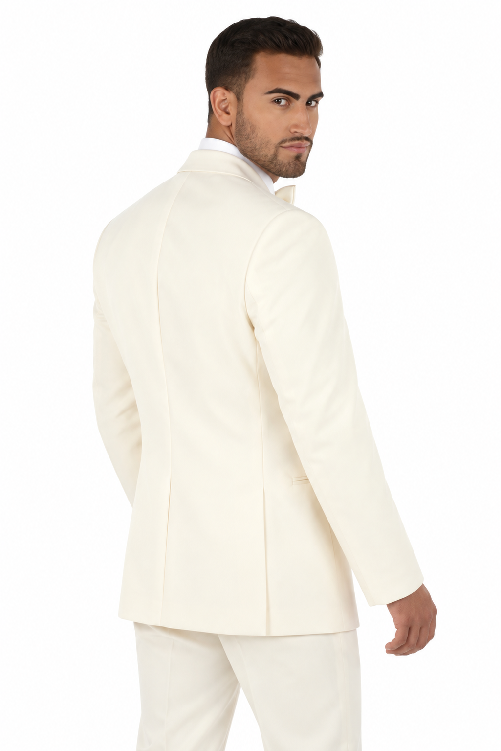 ivory-roman-original-model-rear-angle | National Tuxedo Rentals Ivory Roma Tuxedo on a model, alternate view 1