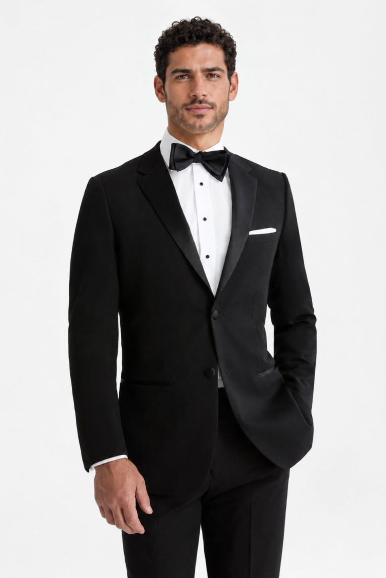 Model wearing the Black Barcelona Tuxedo