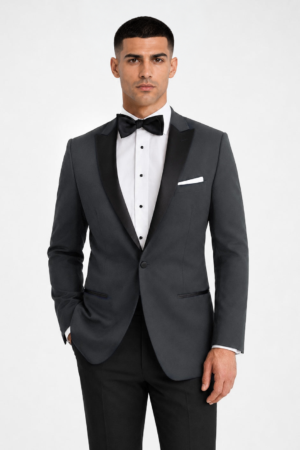 Model wearing the Steel Gray Venice Tuxedo