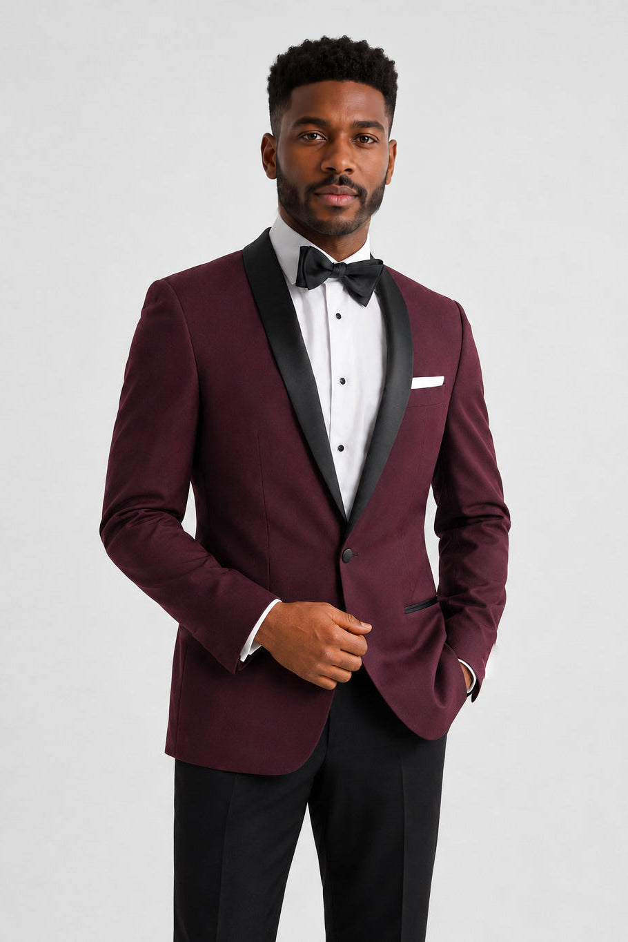 ntr-f18-p01-fac441d5875a | National Tuxedo Rentals Model wearing the Wine London Tuxedo
