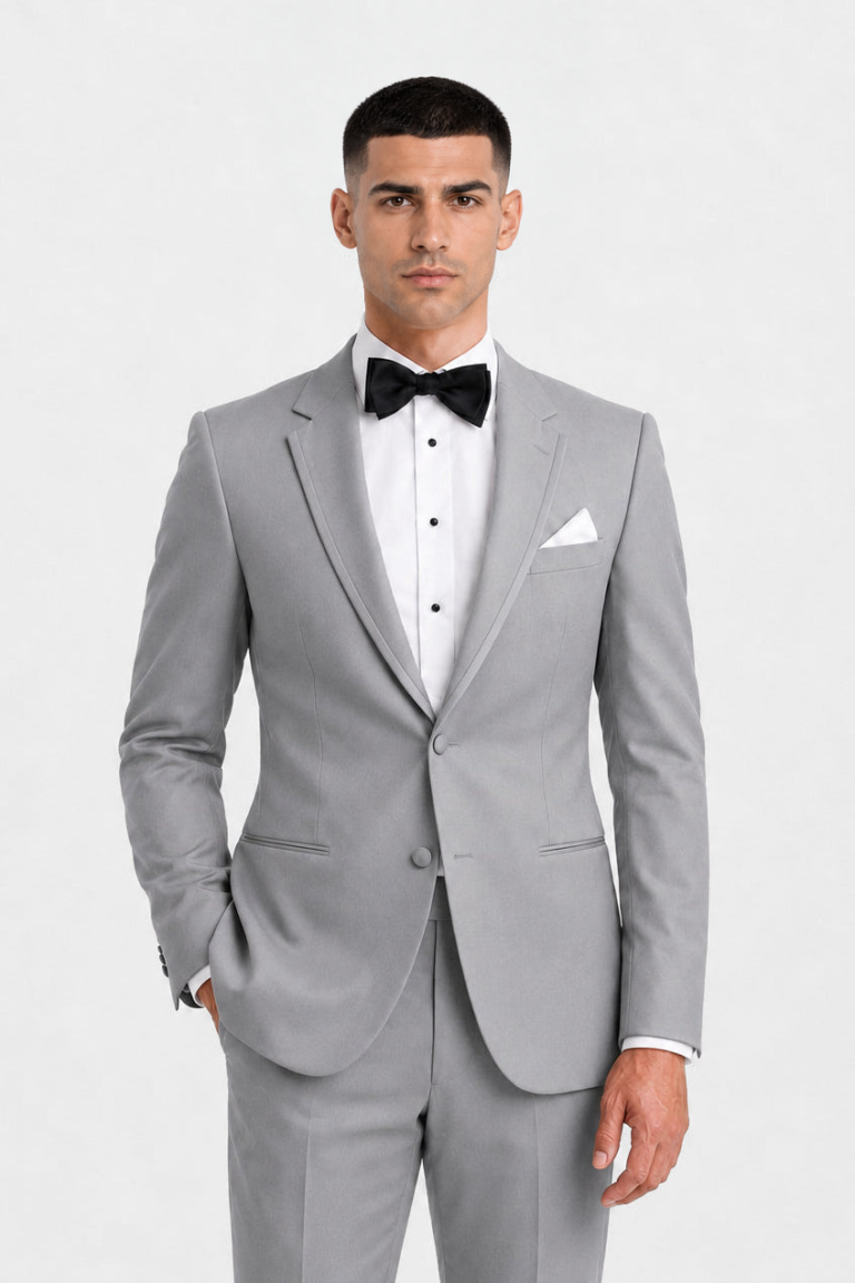 Model wearing the Heather Infinity Tuxedo