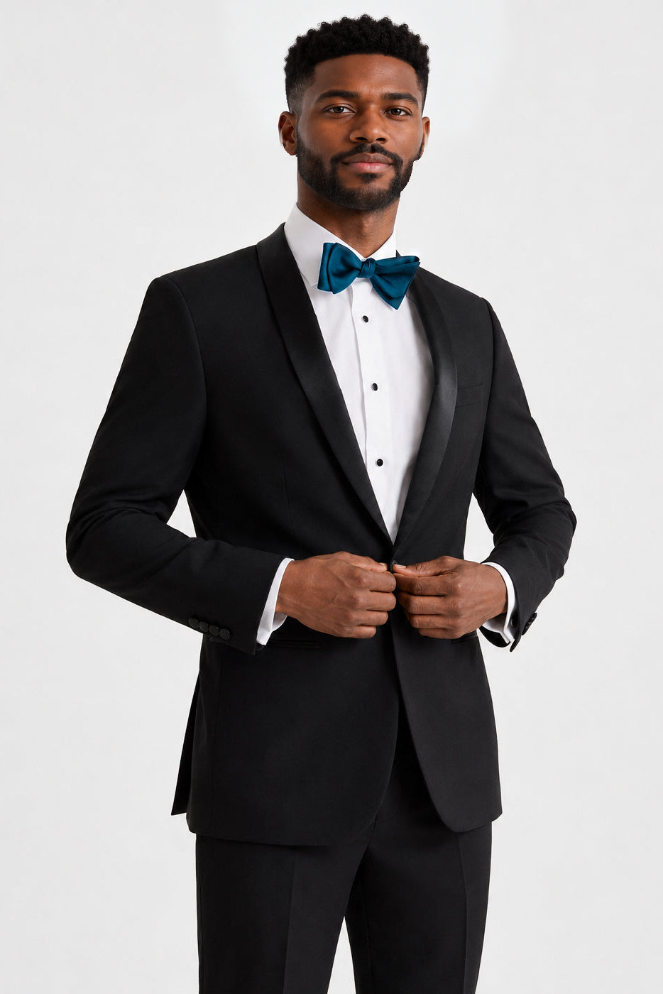 ntr-f22-p03-04737251516c | National Tuxedo Rentals Black London Tuxedo on a model, alternate view 1