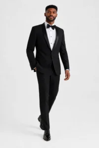 Black London Tuxedo on a model, alternate view 3