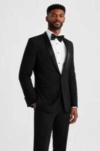 Black London Tuxedo on a model, alternate view 4