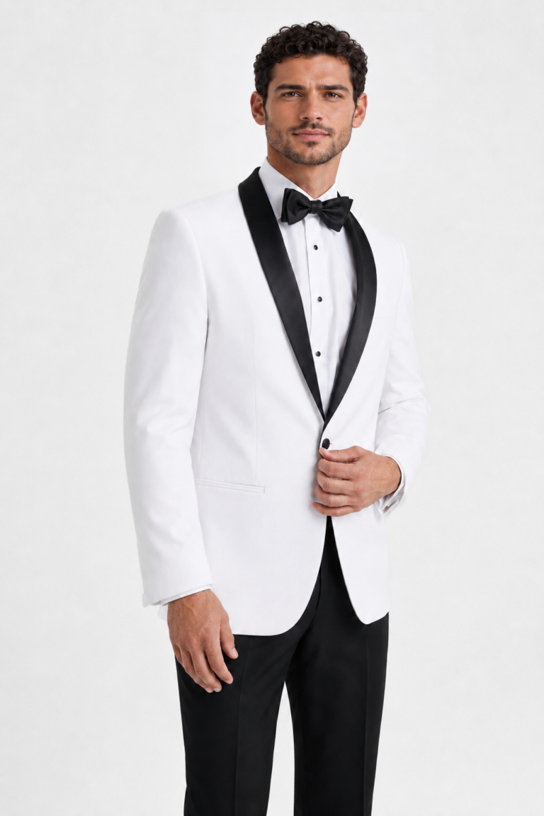 Model wearing the White London Tuxedo