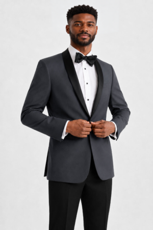 Model wearing the Steel Gray London Tuxedo