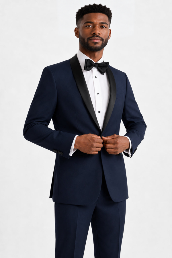 ntr-f27-p01-d98cdad49ec5 | National Tuxedo Rentals Model wearing the Navy London Tuxedo