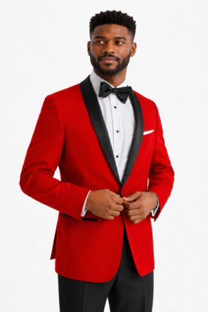 Model wearing the Red London Tuxedo
