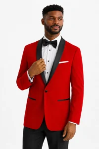 Red London Tuxedo on a model, alternate view 1
